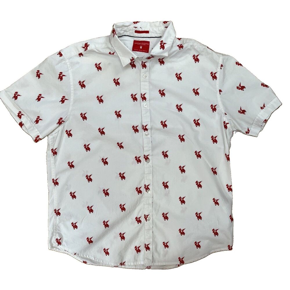 Denim & Flower Men Slim Fit White Red Santa Short Sleeve Shirt Ricky Singh XL